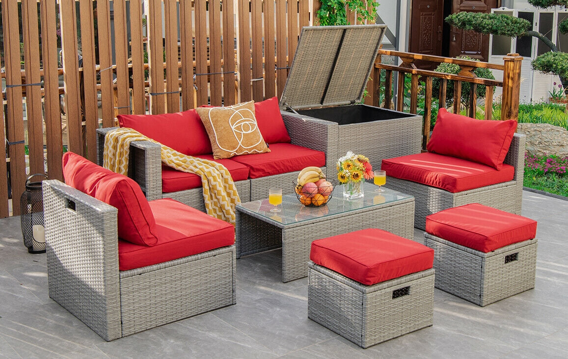 8 Pieces Patio Rattan Furniture Set with Storage Waterproof Cover and Cushion-Red