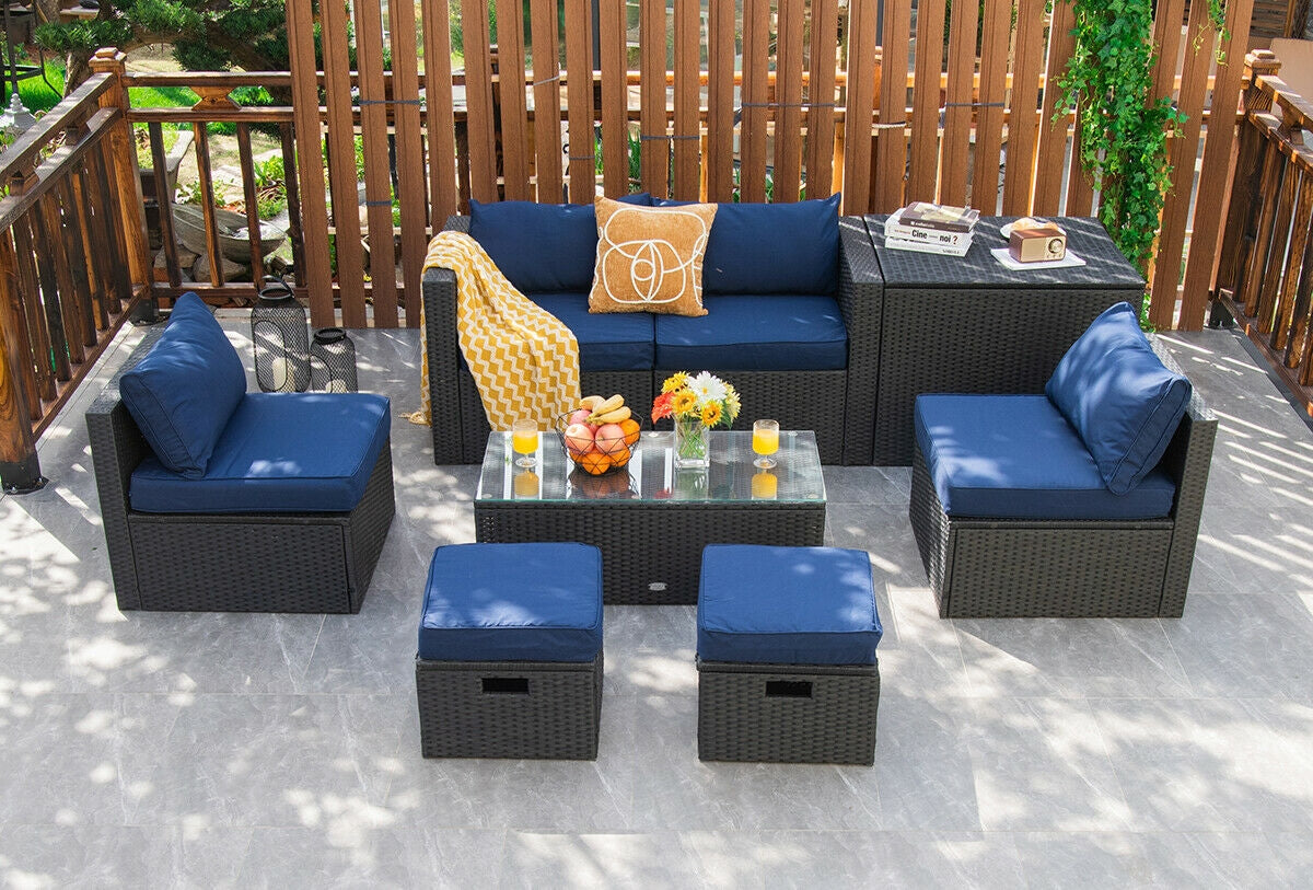 8 Pieces Patio Rattan Storage Table Furniture Set-Navy