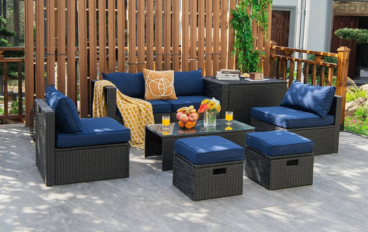 8 Pieces Patio Rattan Storage Table Furniture Set-Navy