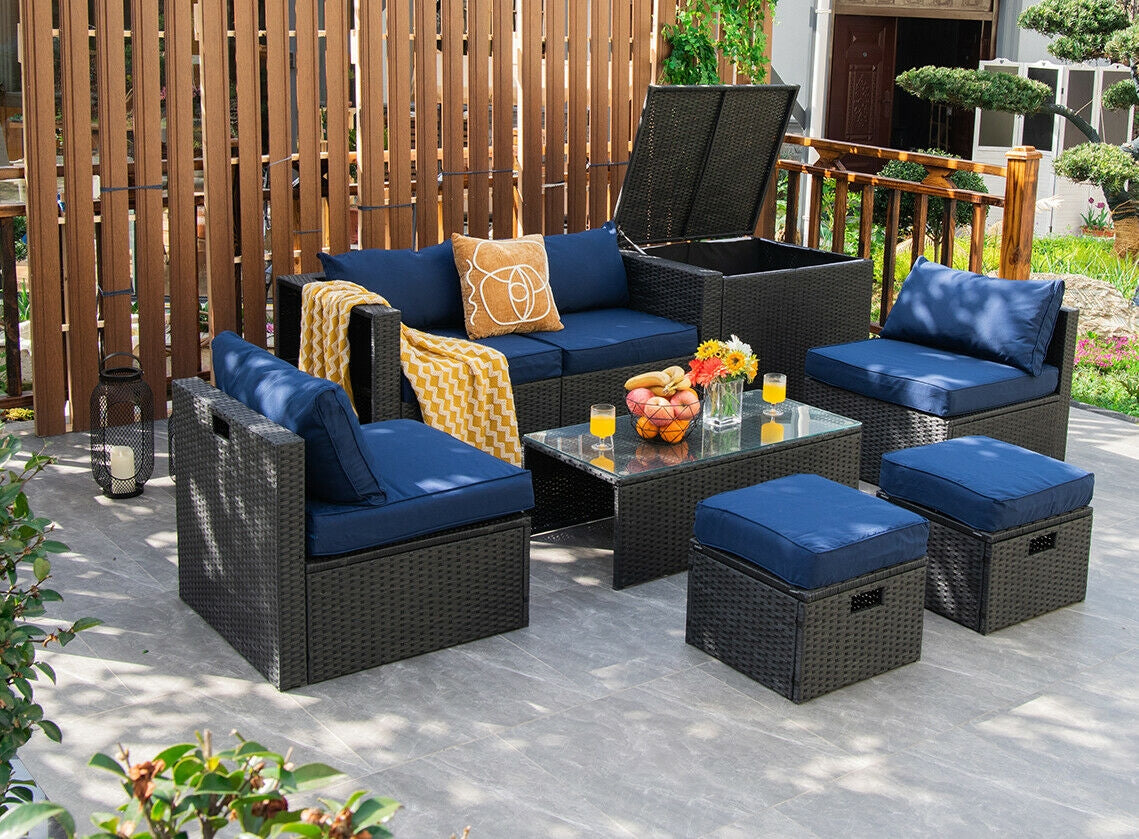 8 Pieces Patio Rattan Storage Table Furniture Set-Navy