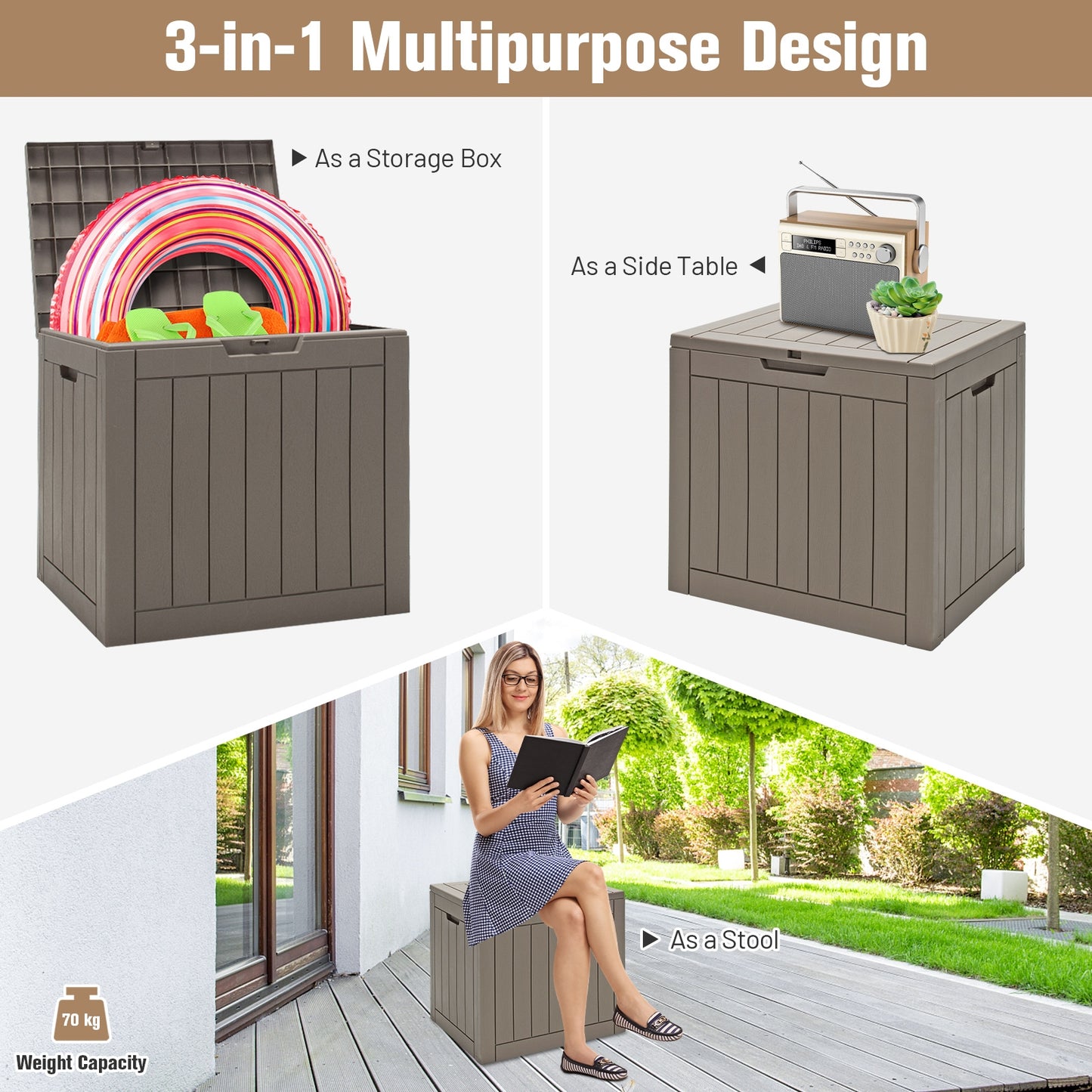 30 Gallon Deck Box Storage Seating Container with Lockable Lid-Light Brown