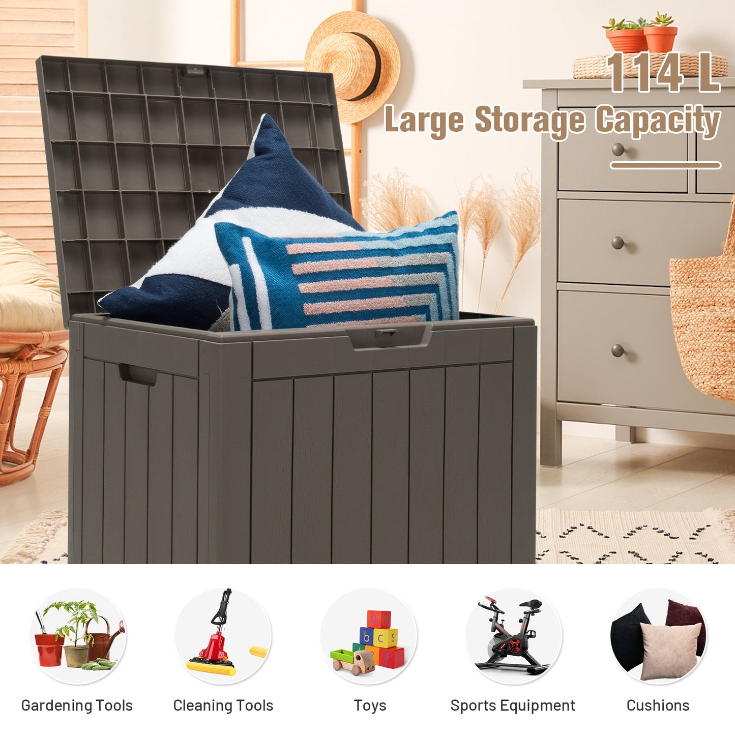 30 Gallon Deck Box Storage Seating Container with Lockable Lid-Light Brown