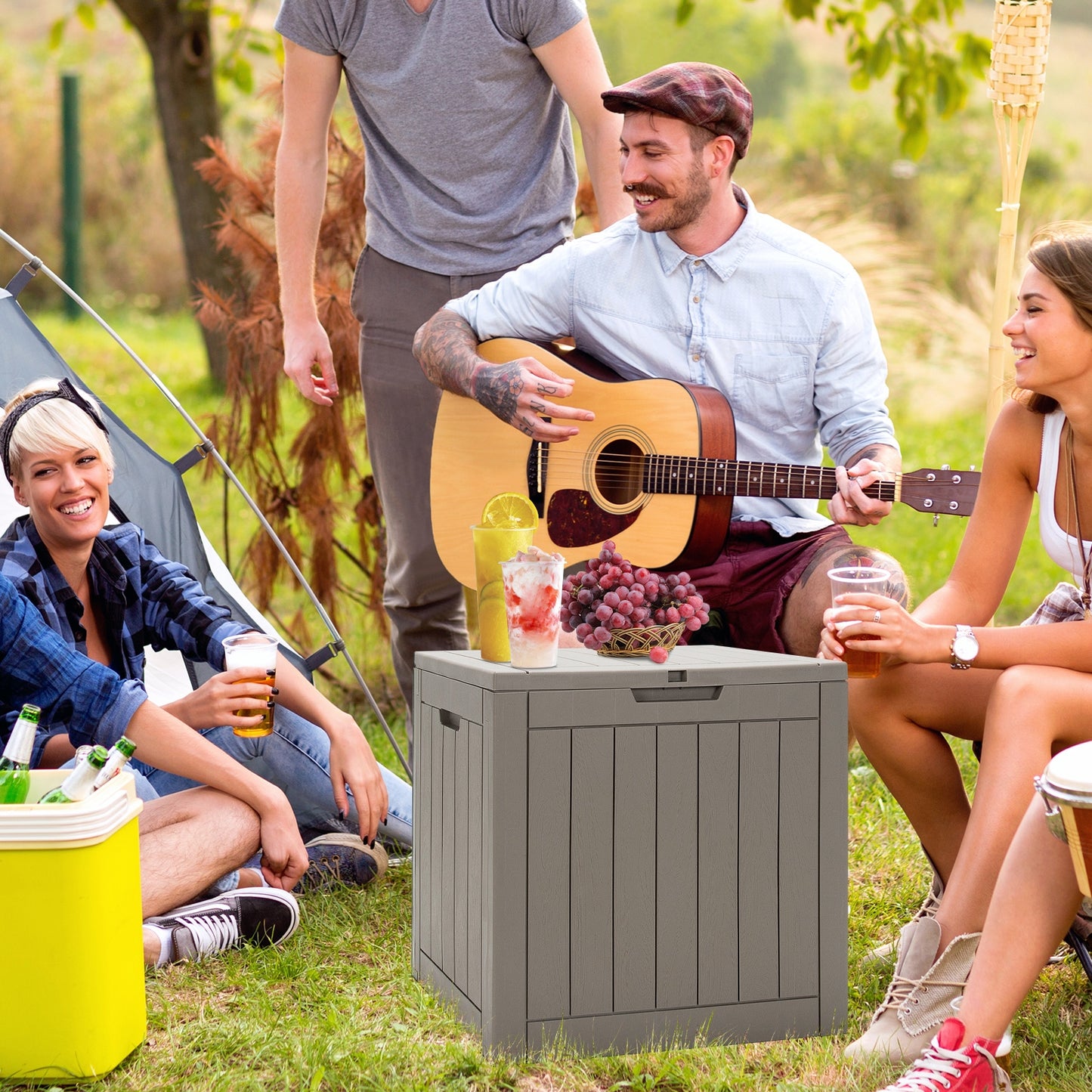 30 Gallon Deck Box Storage Seating Container with Lockable Lid-Light Brown