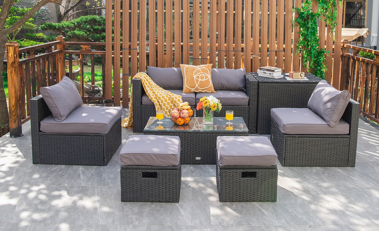 8 Pieces Patio Rattan Storage Table Furniture Set-Gray
