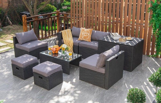 8 Pieces Patio Rattan Storage Table Furniture Set-Gray
