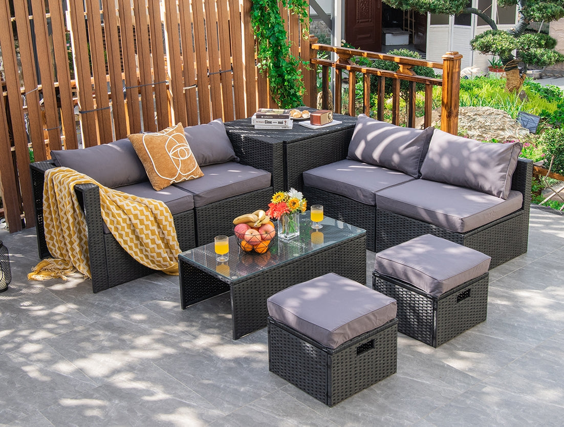 8 Pieces Patio Rattan Storage Table Furniture Set-Gray