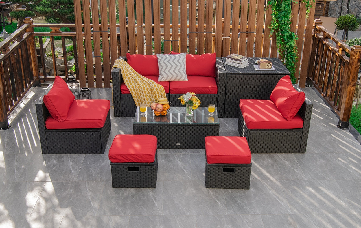 8 Pieces Patio Rattan Storage Table Furniture Set-Red