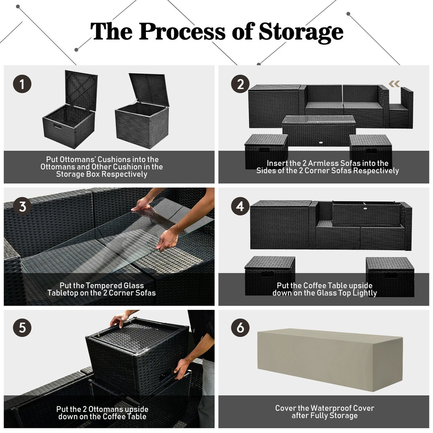 8 Pieces Patio Rattan Storage Table Furniture Set-Black
