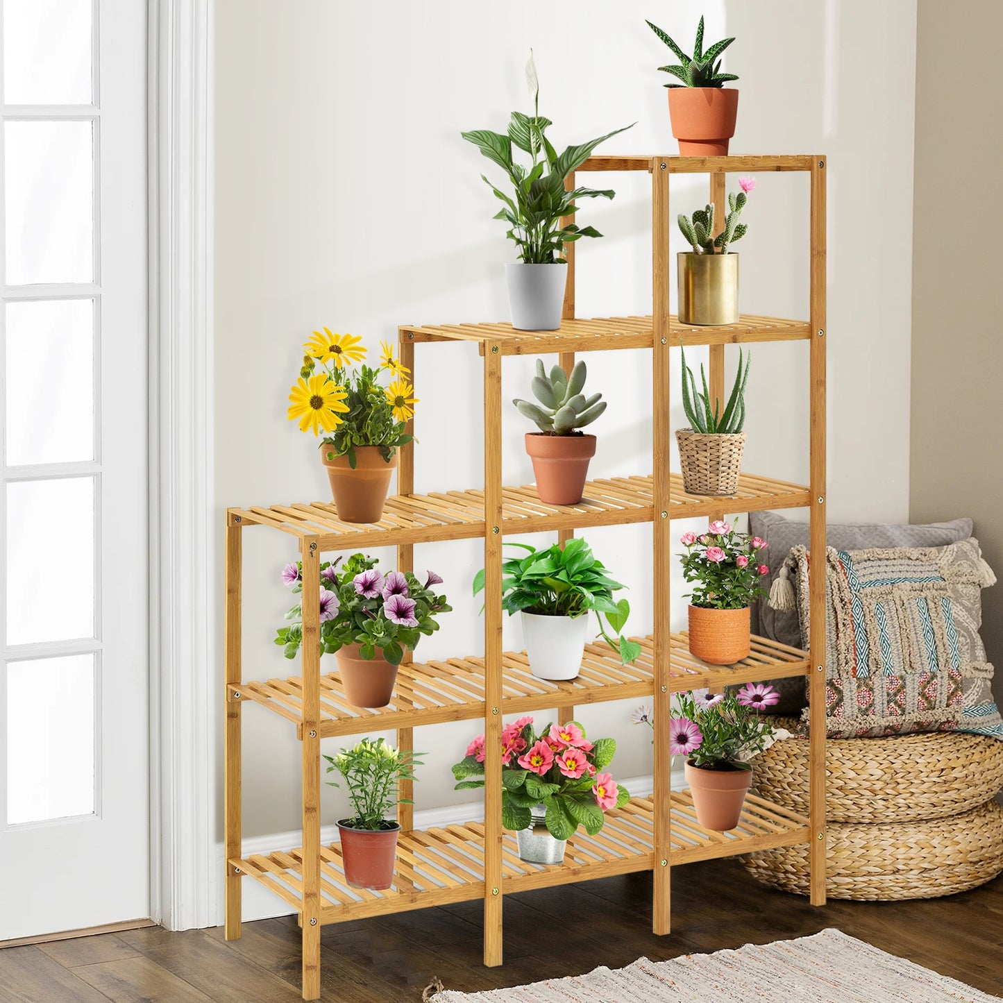 Multifunctional Bamboo Plant Shelf Display Organizer