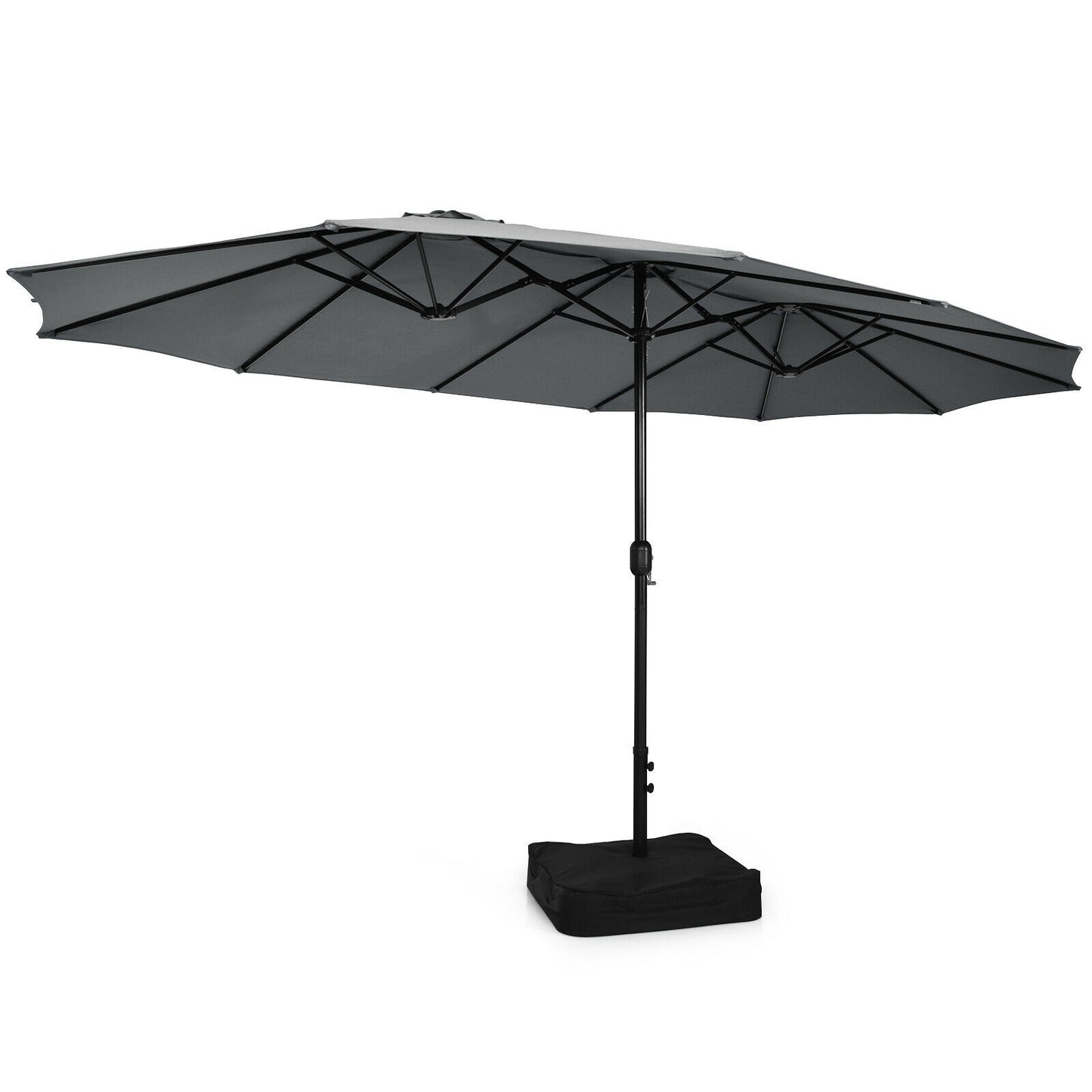 15 Feet Double-Sided Twin Patio Umbrella with Crank and Base Coffee in Outdoor Market-Gray
