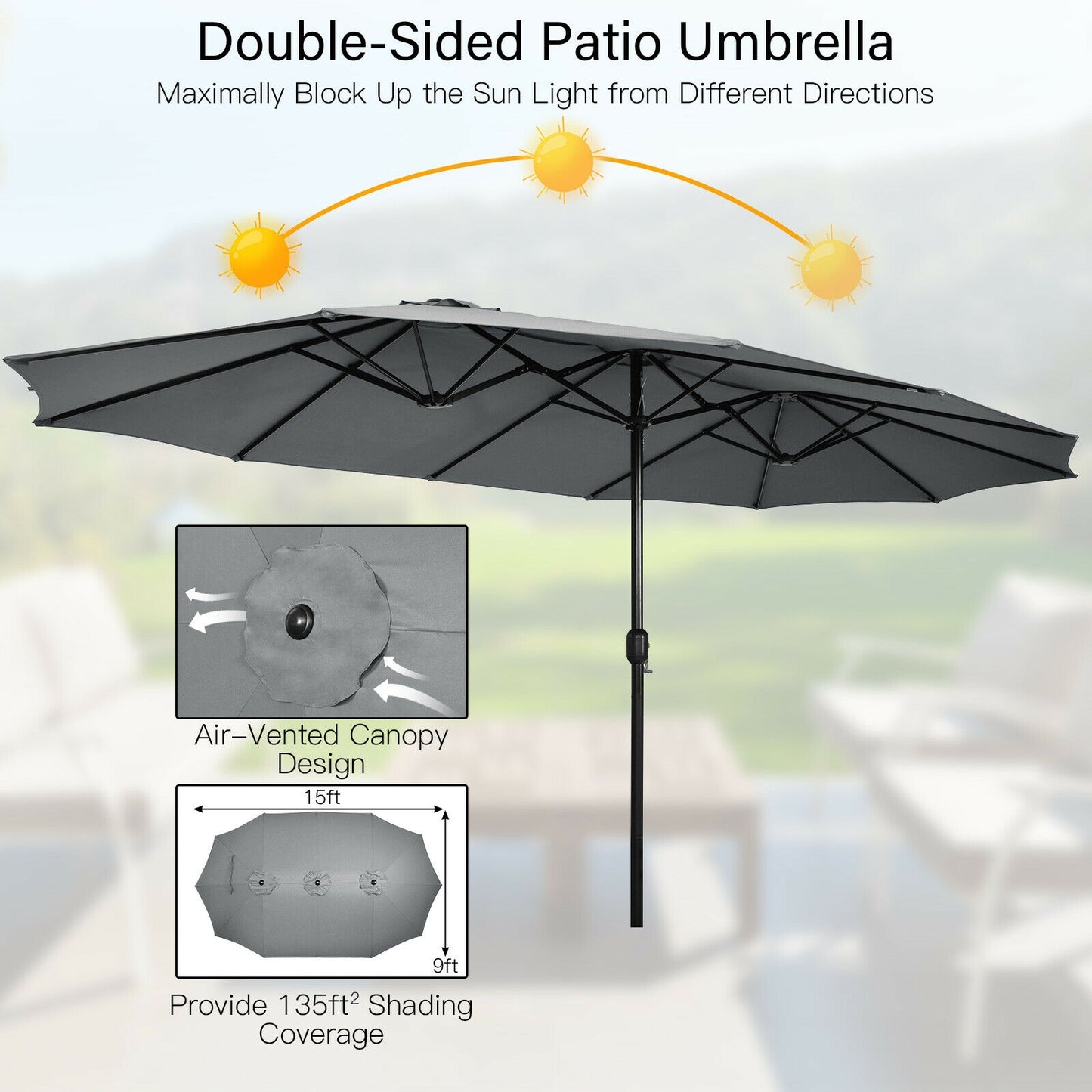 15 Feet Double-Sided Twin Patio Umbrella with Crank and Base Coffee in Outdoor Market-Gray