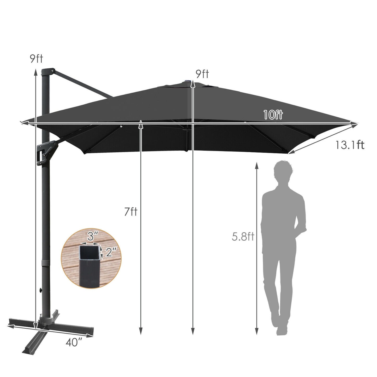 10 x13 Feet Rectangular Cantilever Umbrella with 360° Rotation Function-Gray