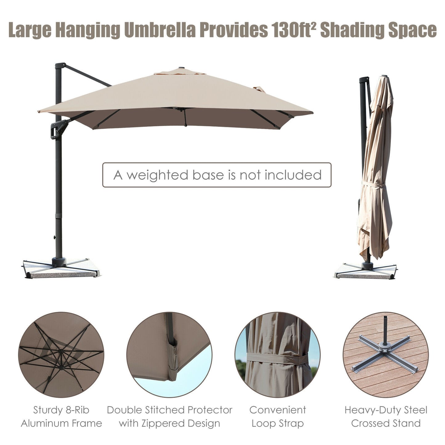 10 x13 Feet Rectangular Cantilever Umbrella with 360° Rotation Function-Coffee