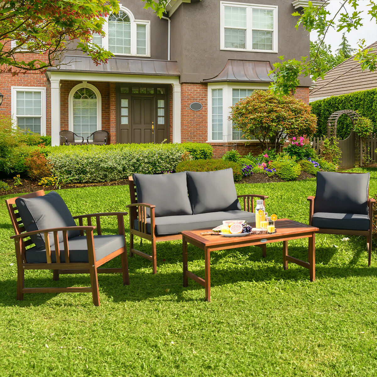 4 Pieces Wooden Patio Furniture Set with Table and Sofa Chair