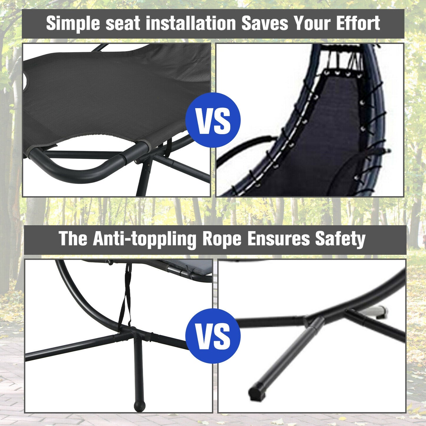 Patio Hanging Hammock Chaise Lounge Chair with Canopy Cushion for Outdoors-Gray