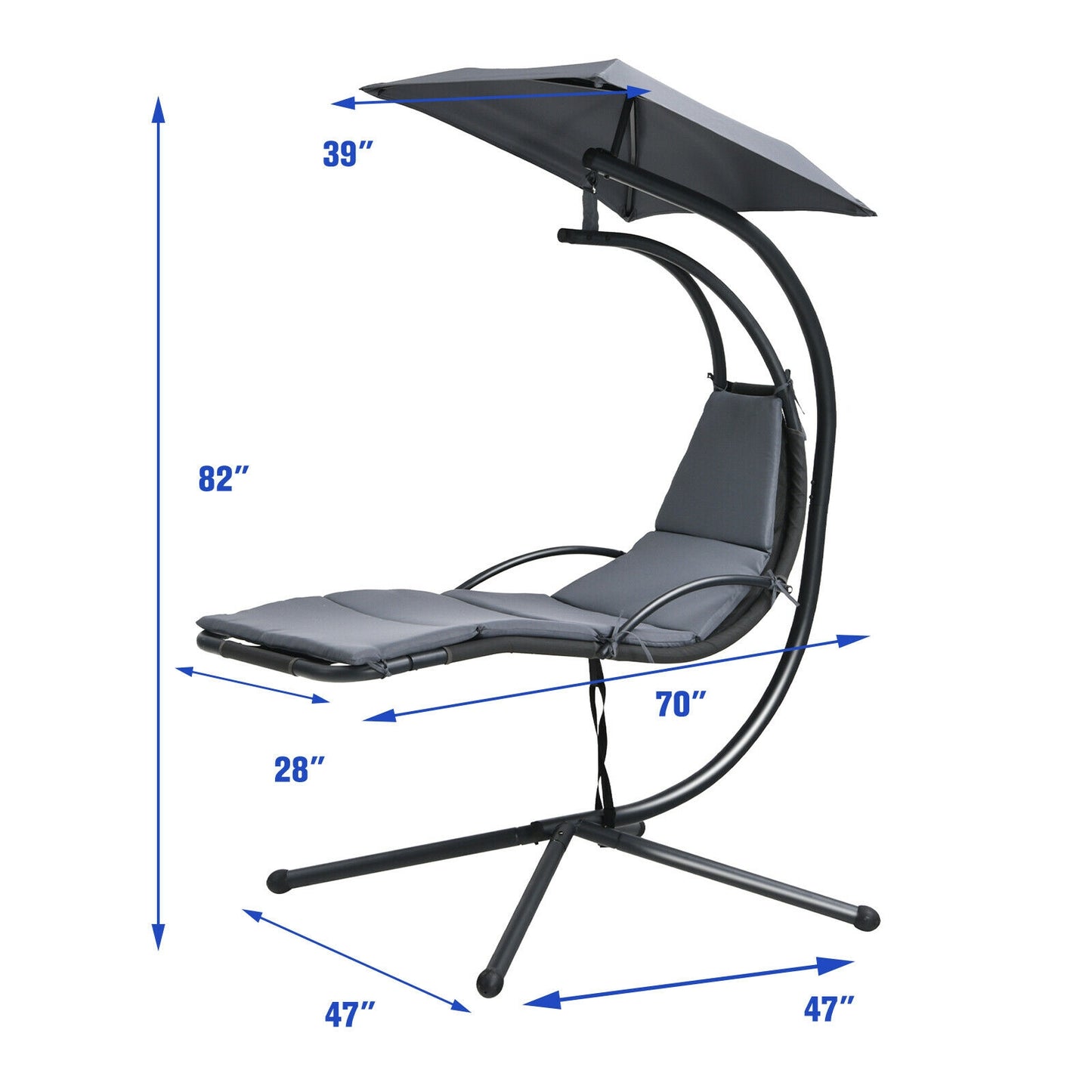Patio Hanging Hammock Chaise Lounge Chair with Canopy Cushion for Outdoors-Gray