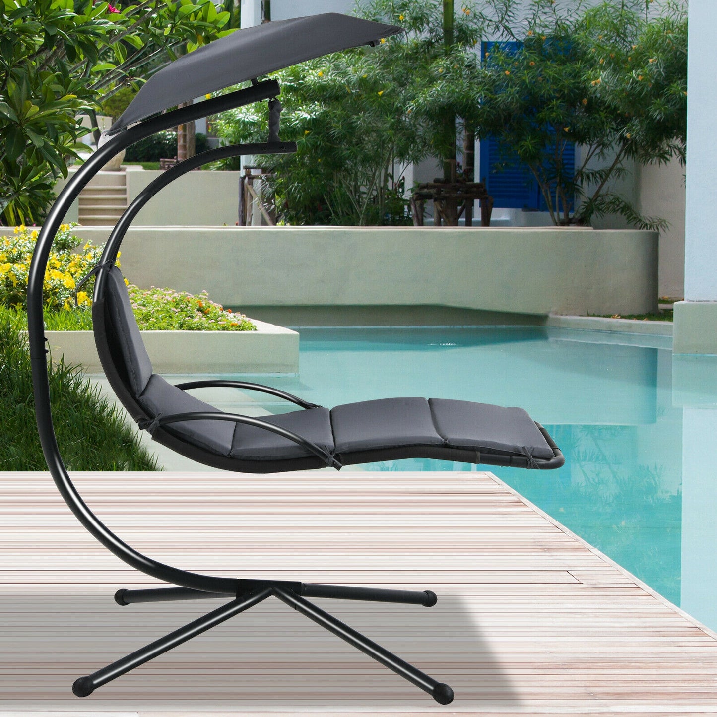 Patio Hanging Hammock Chaise Lounge Chair with Canopy Cushion for Outdoors-Gray