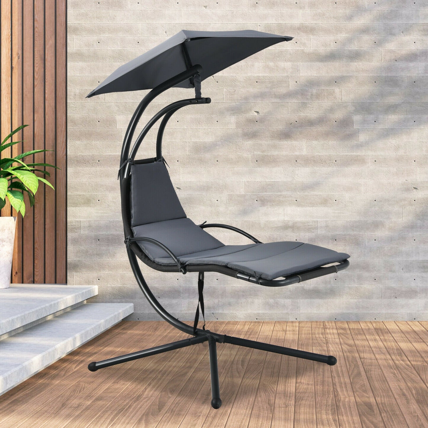 Patio Hanging Hammock Chaise Lounge Chair with Canopy Cushion for Outdoors-Gray