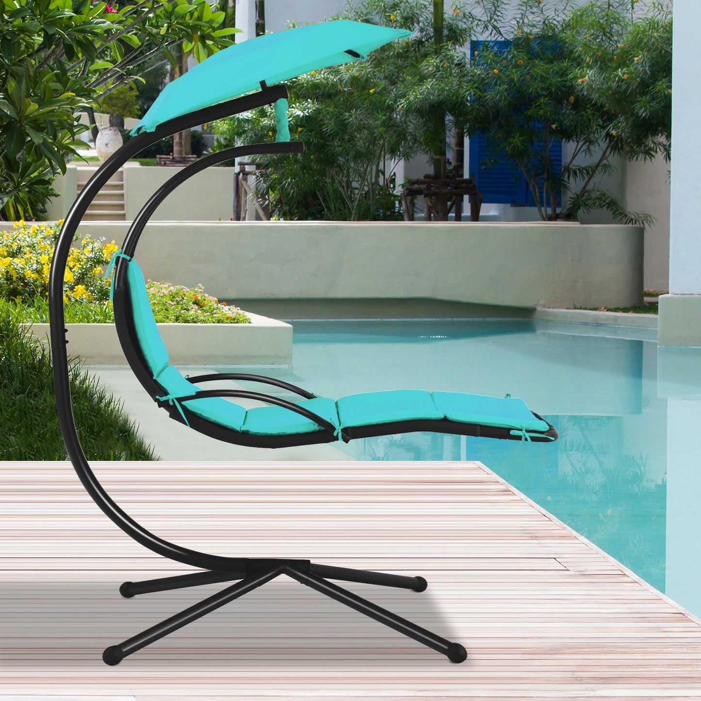 Patio Hanging Hammock Chaise Lounge Chair with Canopy Cushion for Outdoors-Turquoise