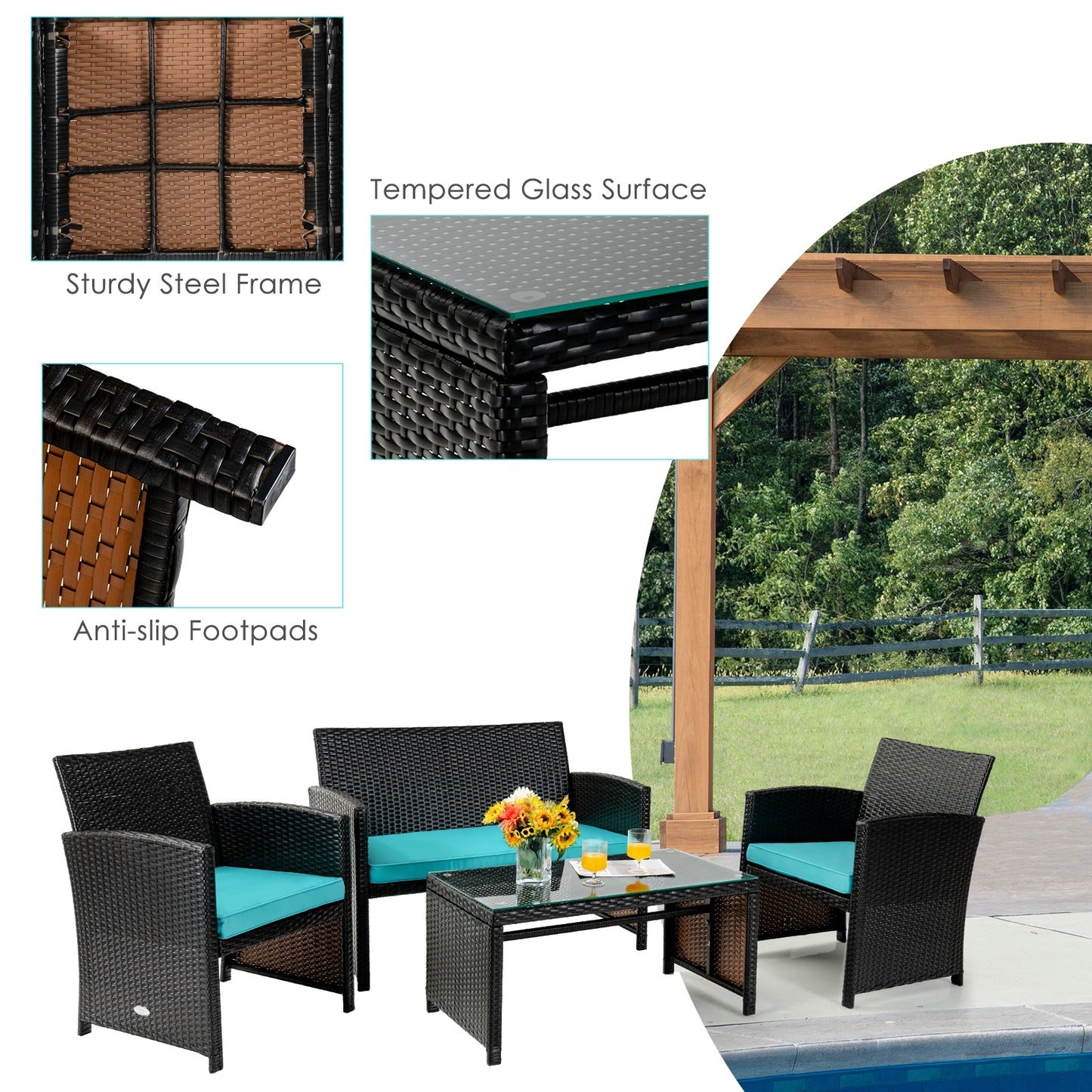 4 Pieces Patio Rattan Cushioned Furniture Set-Green