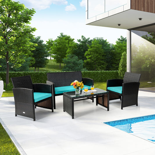 4 Pieces Patio Rattan Cushioned Furniture Set-Green