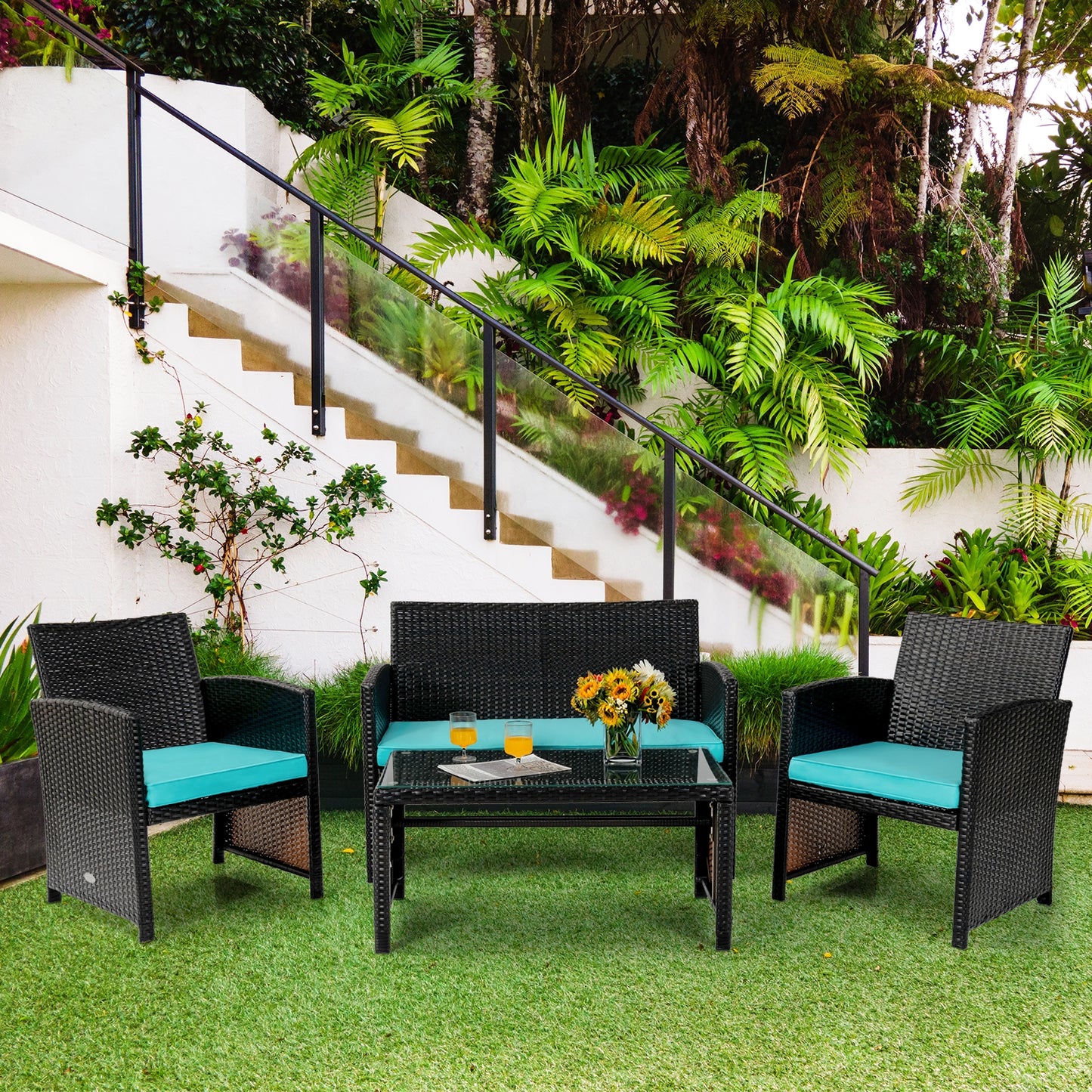 4 Pieces Patio Rattan Cushioned Furniture Set-Green