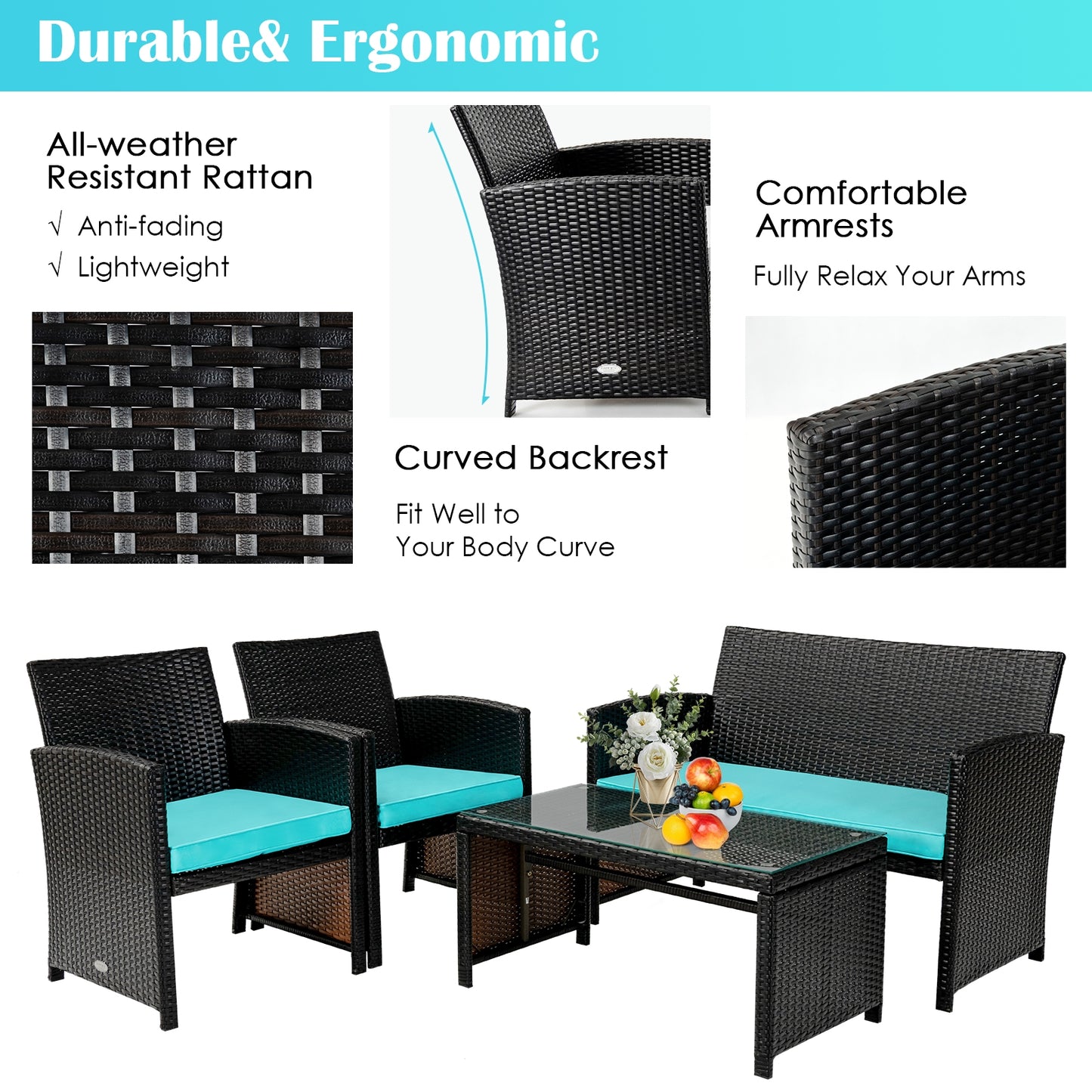 4 Pieces Patio Rattan Cushioned Furniture Set-Green