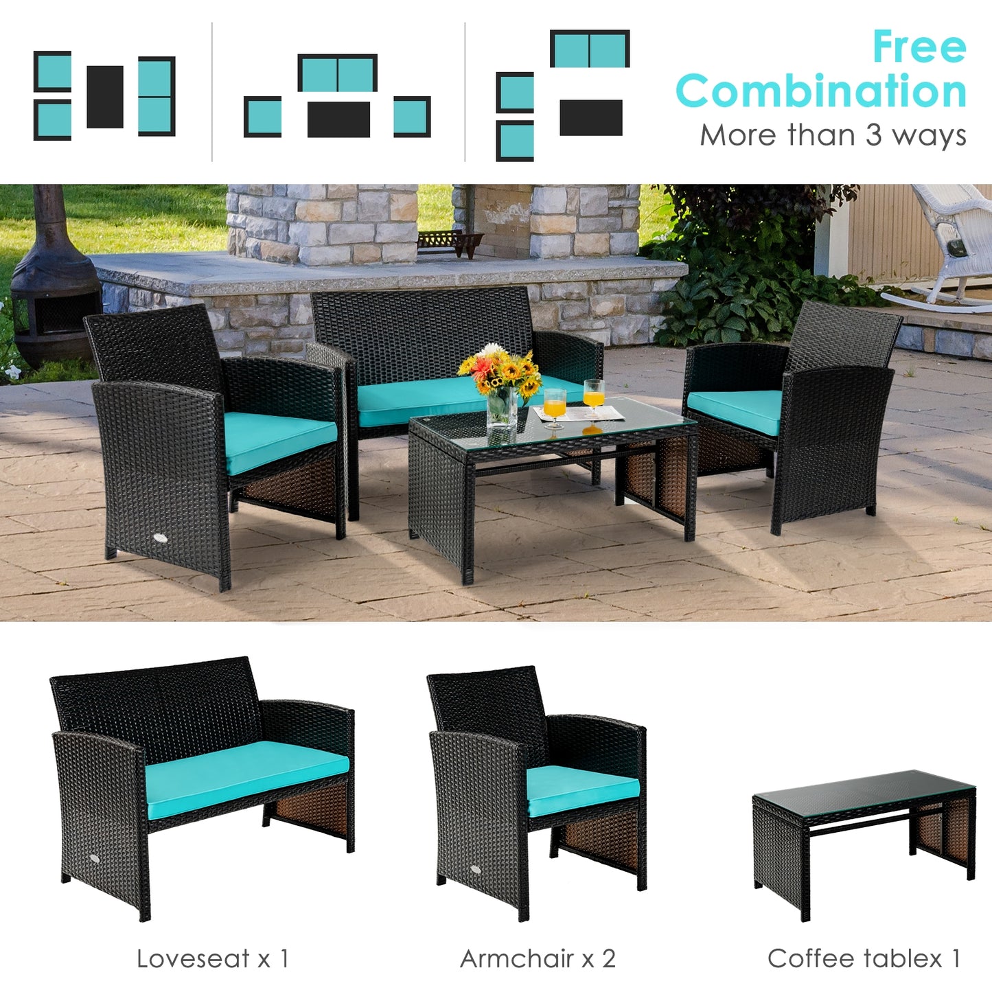 4 Pieces Patio Rattan Cushioned Furniture Set-Green