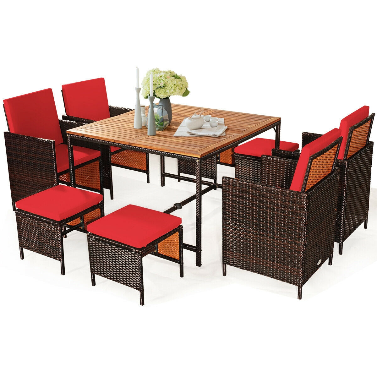 9PCS Patio Rattan Dining Cushioned Chairs Set-Red