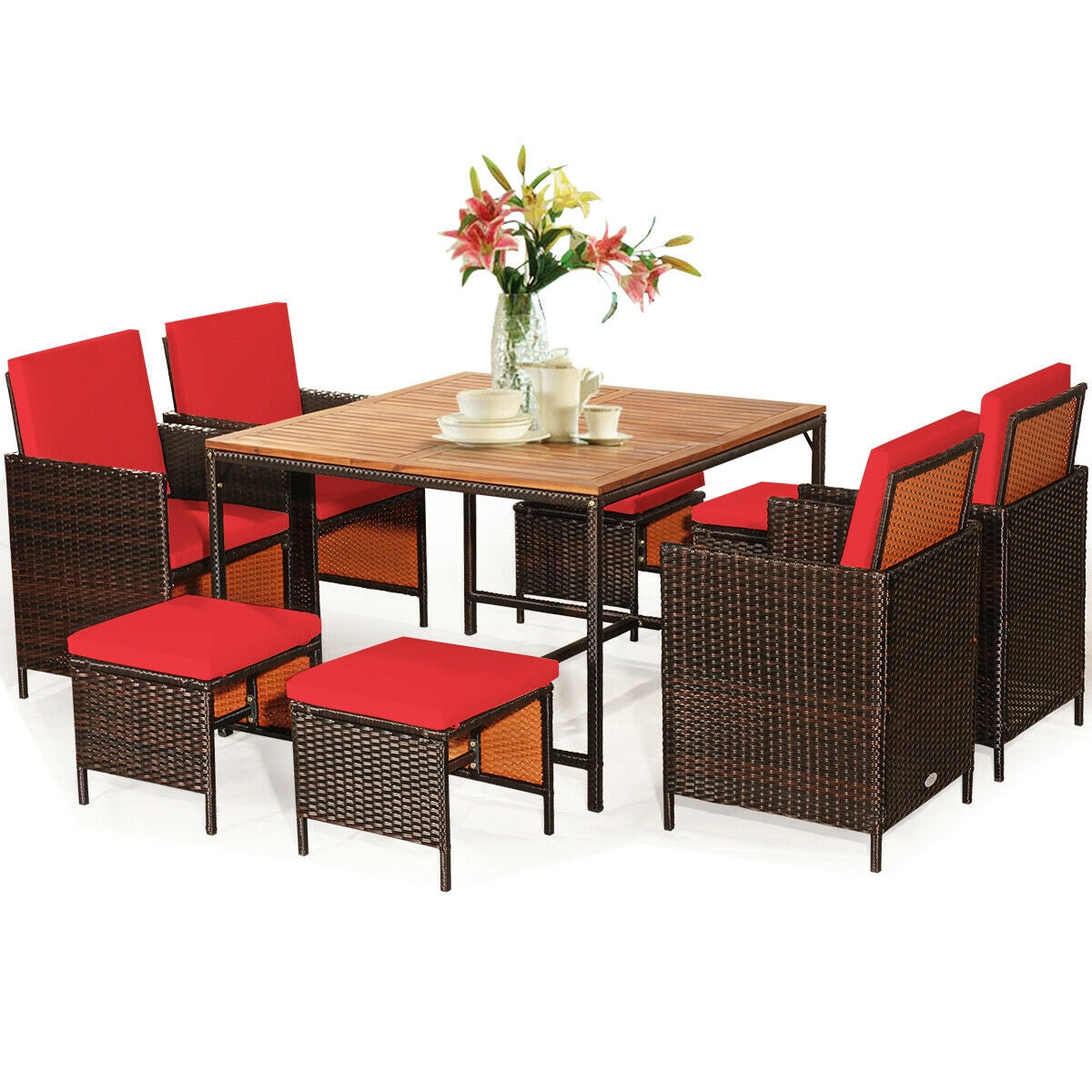 9PCS Patio Rattan Dining Cushioned Chairs Set-Red