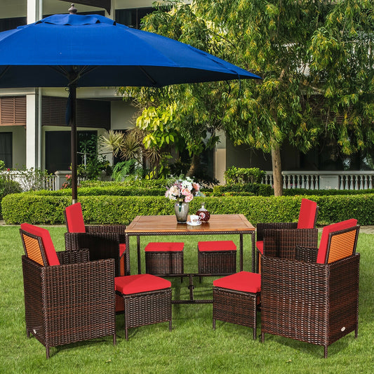 9PCS Patio Rattan Dining Cushioned Chairs Set-Red