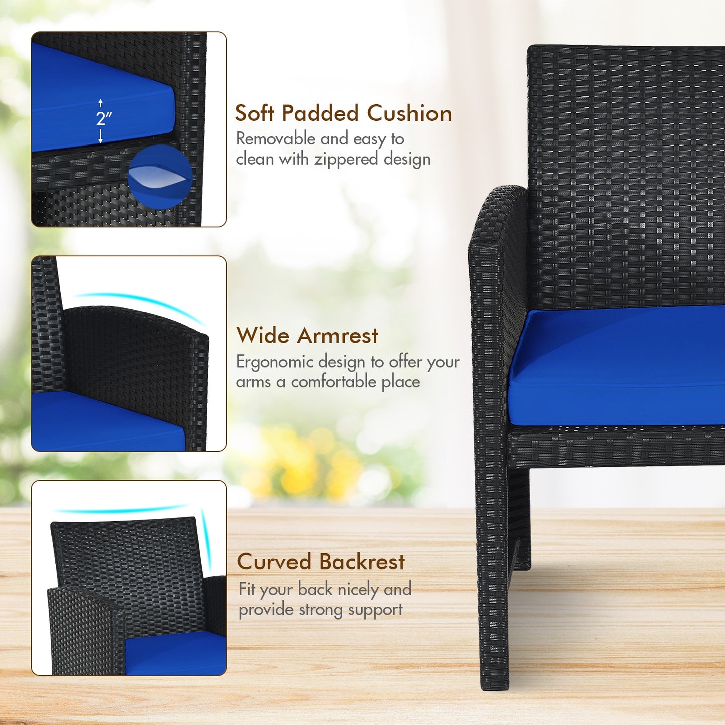 4 Pieces Rattan Patio Furniture Set with Weather Resistant Cushions and Tempered Glass Tabletop-Navy