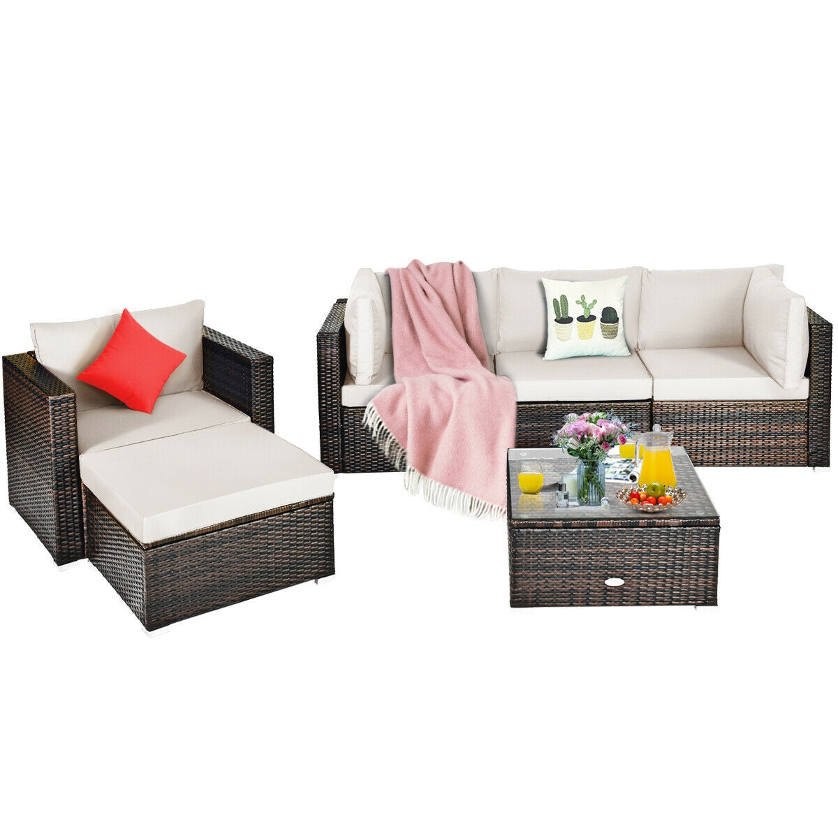 6 Pieces Patio Rattan Furniture Set with Sectional Cushion-White
