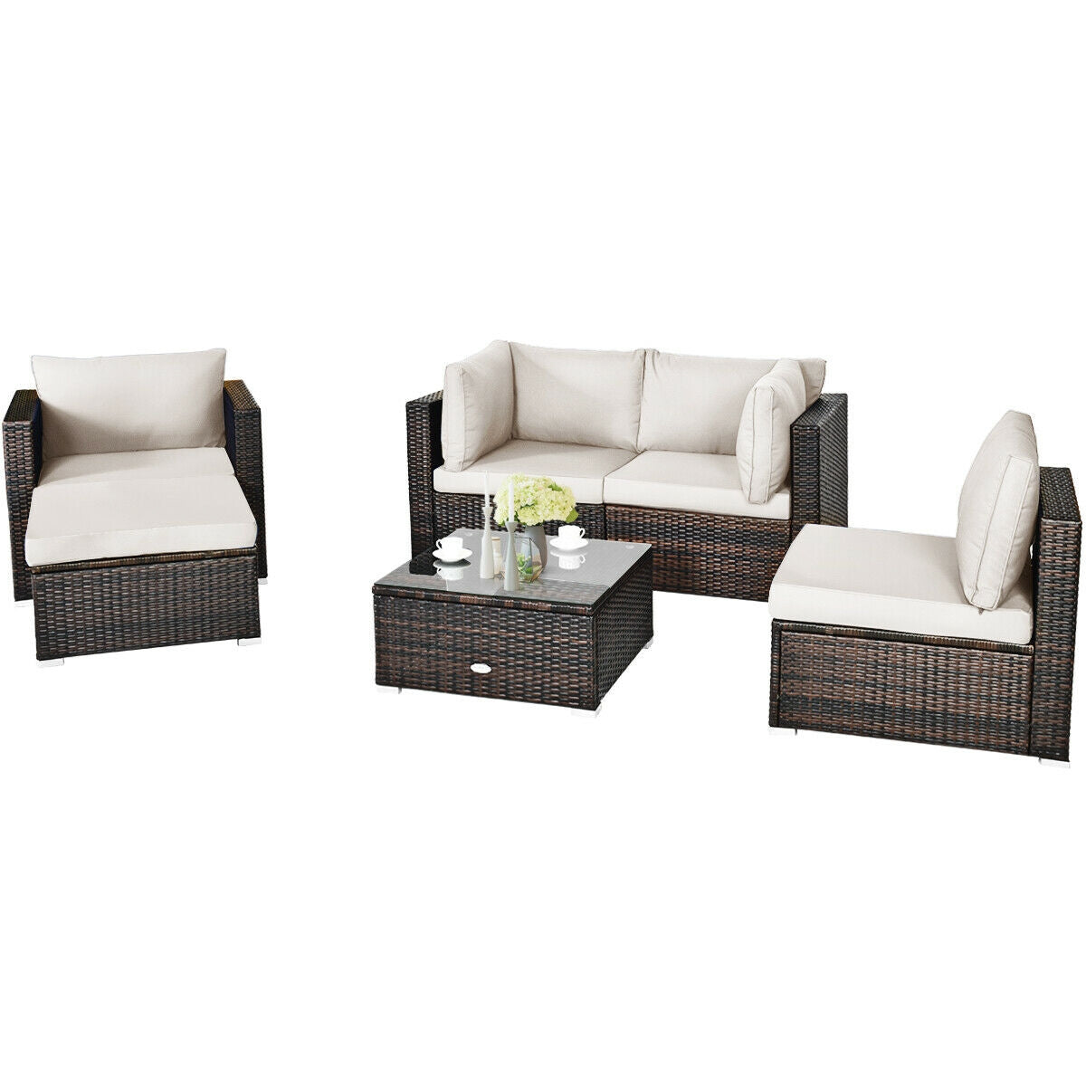 6 Pieces Patio Rattan Furniture Set with Sectional Cushion-White