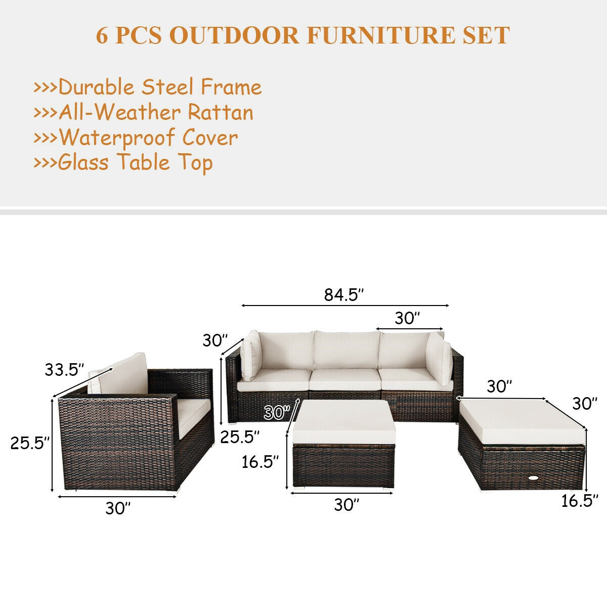 6 Pieces Patio Rattan Furniture Set with Sectional Cushion-White