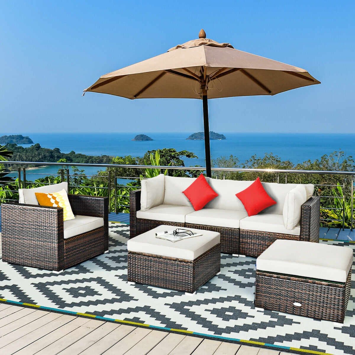 6 Pieces Patio Rattan Furniture Set with Sectional Cushion-White