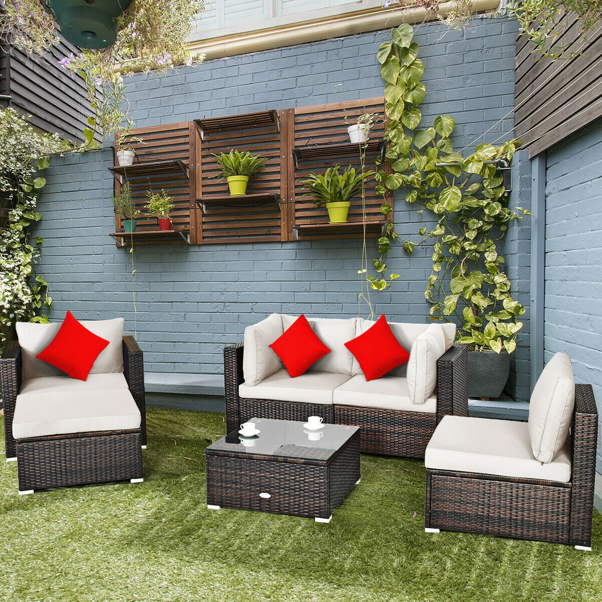 6 Pieces Patio Rattan Furniture Set with Sectional Cushion-White