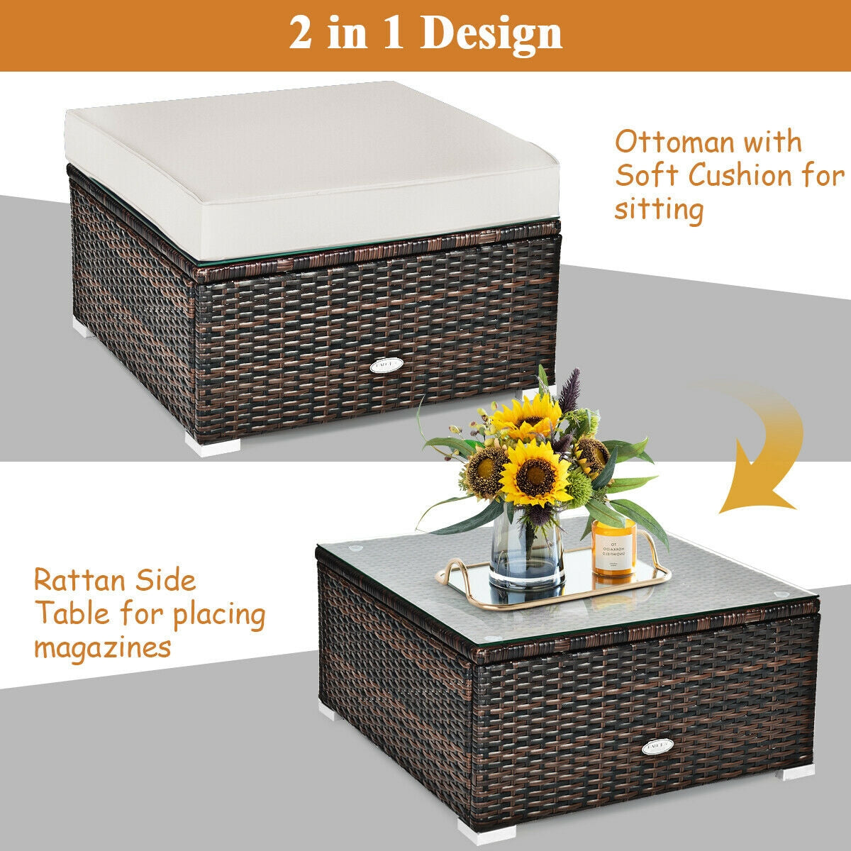 6 Pieces Patio Rattan Furniture Set with Sectional Cushion-White