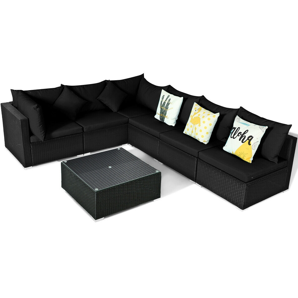 7 Pieces Outdoor Sectional Wicker Patio Furniture Sofa Set with Tempered Glass Top and Softy Cushions-Black
