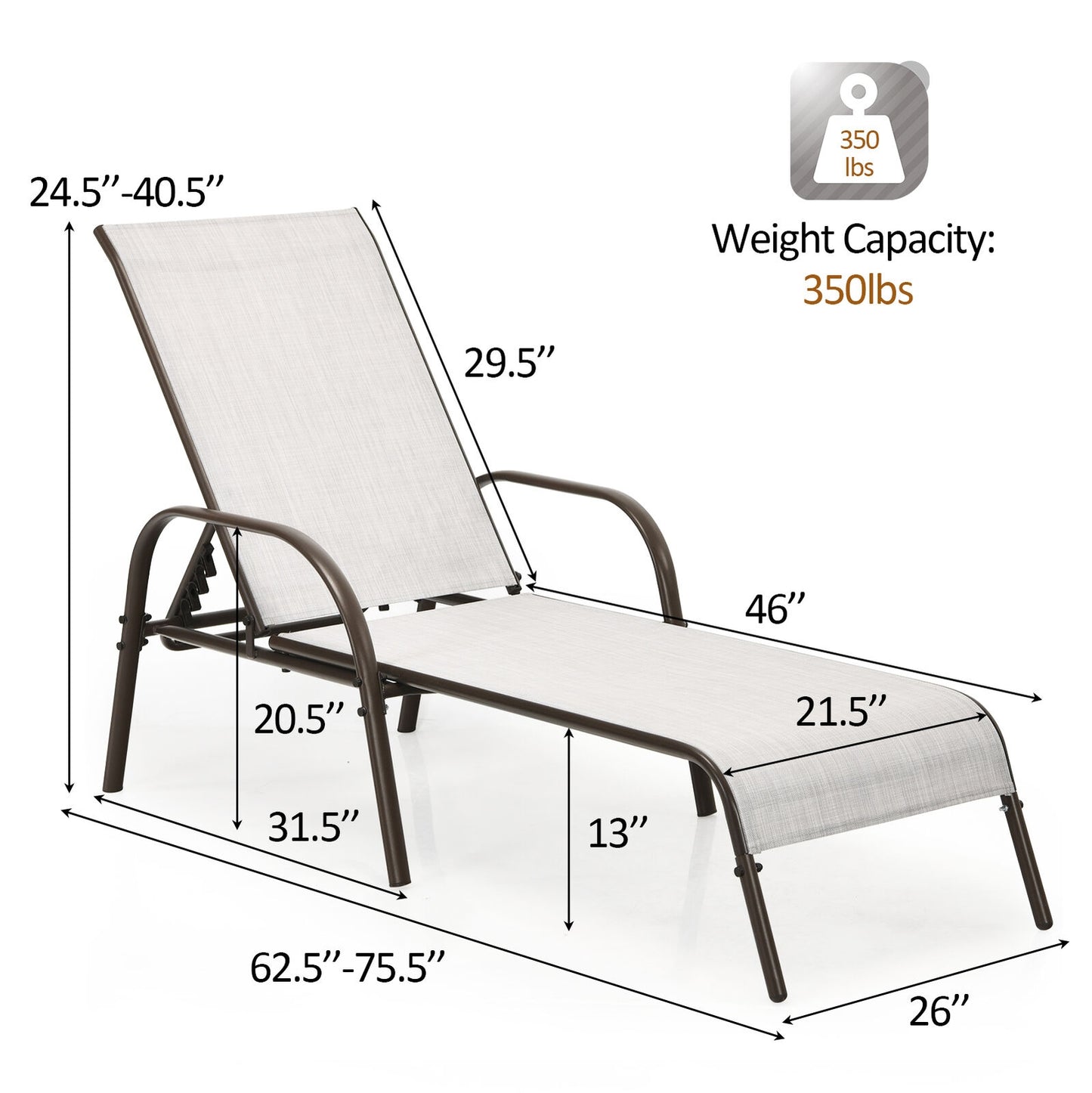 2 Pieces Outdoor Patio Lounge Chair Chaise Fabric with Adjustable Reclining Armrest-Gray