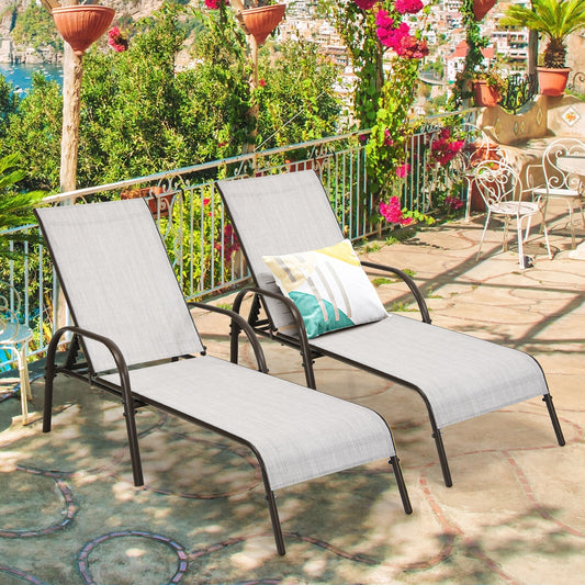 2 Pieces Outdoor Patio Lounge Chair Chaise Fabric with Adjustable Reclining Armrest-Gray