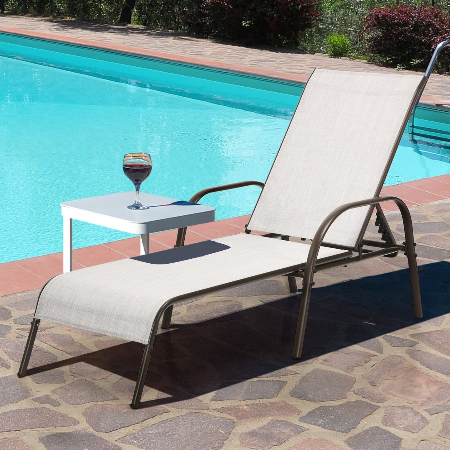 2 Pieces Outdoor Patio Lounge Chair Chaise Fabric with Adjustable Reclining Armrest-Gray
