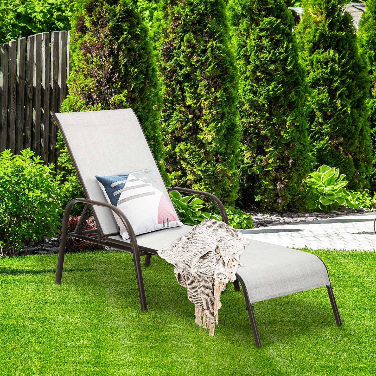 2 Pieces Outdoor Patio Lounge Chair Chaise Fabric with Adjustable Reclining Armrest-Gray