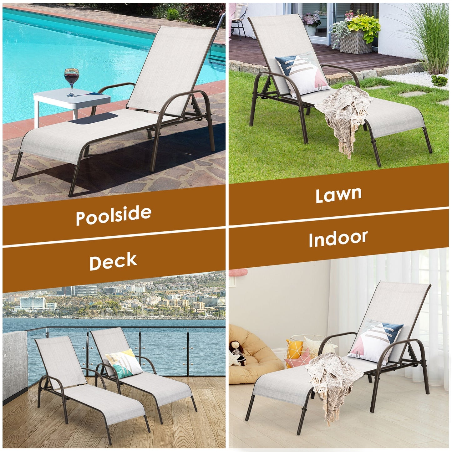 2 Pieces Outdoor Patio Lounge Chair Chaise Fabric with Adjustable Reclining Armrest-Gray
