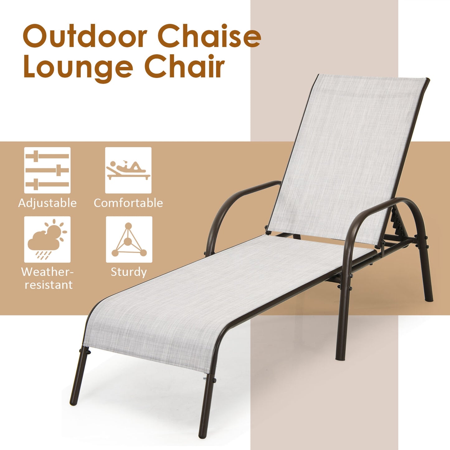 2 Pieces Outdoor Patio Lounge Chair Chaise Fabric with Adjustable Reclining Armrest-Gray