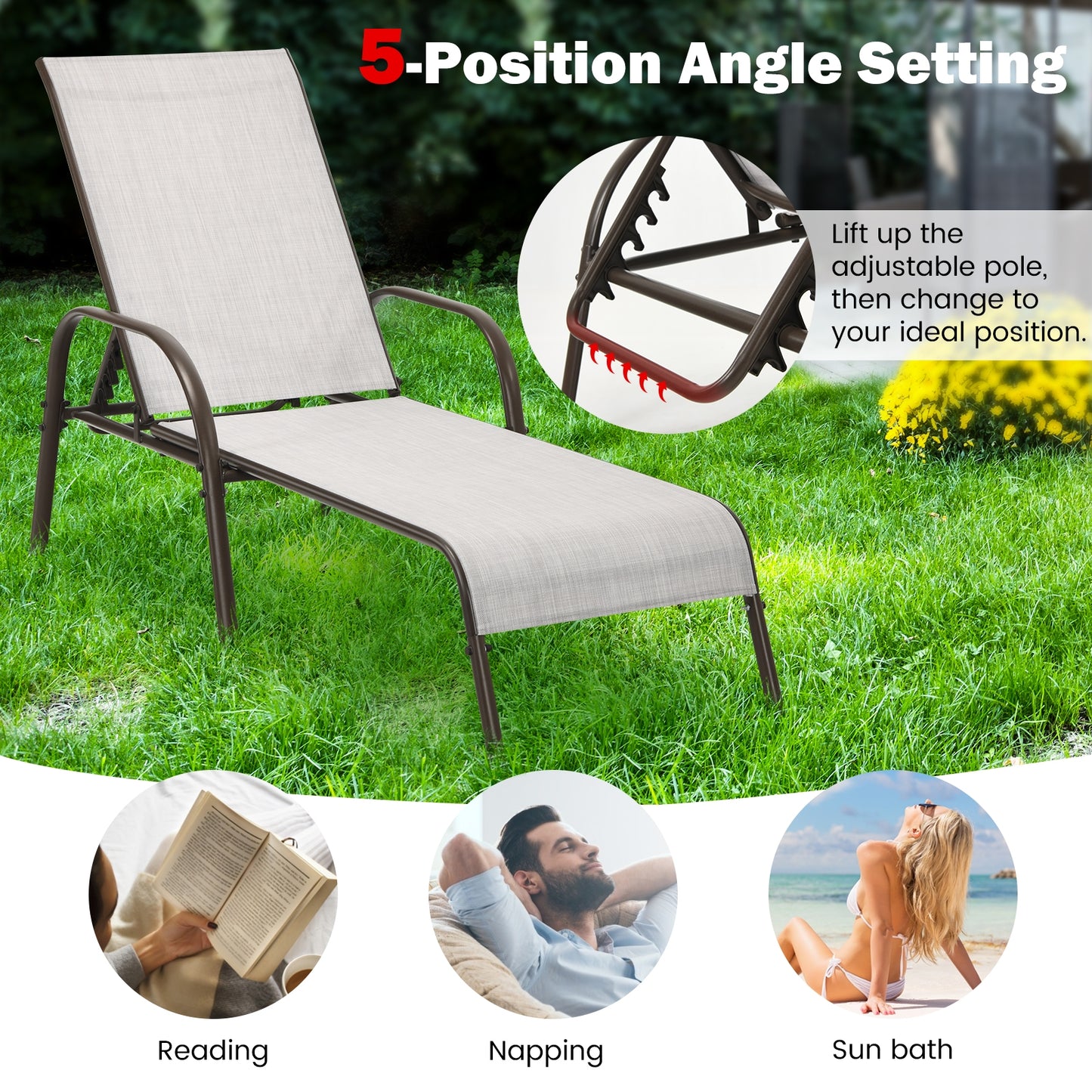 Adjustable Patio Chaise Outdoor Folding Lounge Chair with Adjustable Backrest-Gray