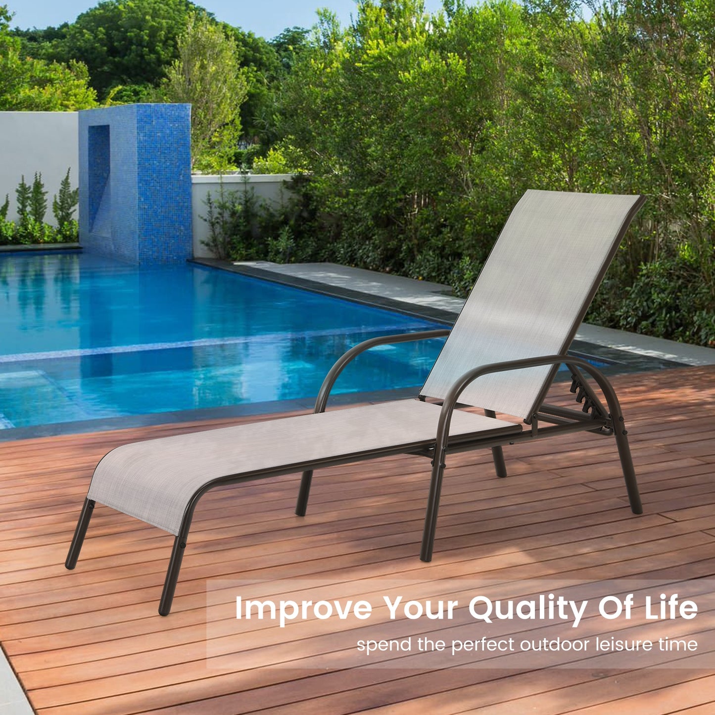 Adjustable Patio Chaise Outdoor Folding Lounge Chair with Adjustable Backrest-Gray