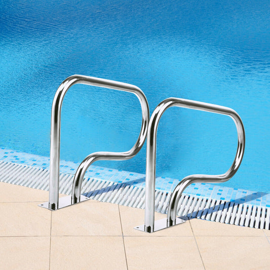 Two stainless steel swimming pool handrails with a curved design and square base plates, installed beside a pool.