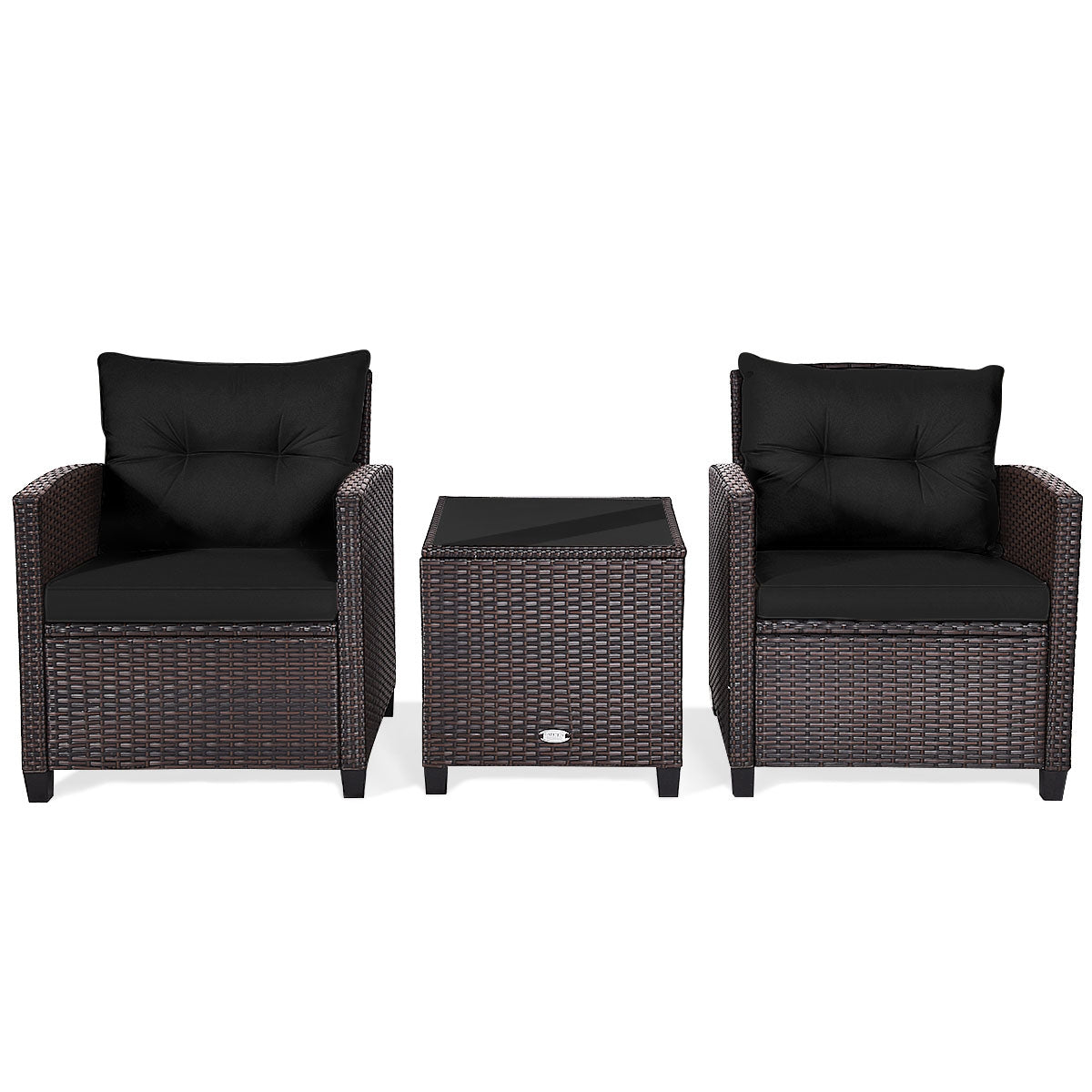 3 Pieces Cushioned Rattan Patio Conversation Set with Coffee Table-Black