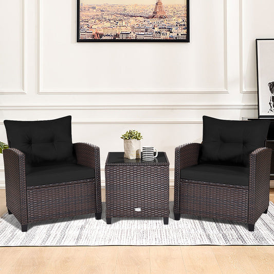 3 Pieces Cushioned Rattan Patio Conversation Set with Coffee Table-Black